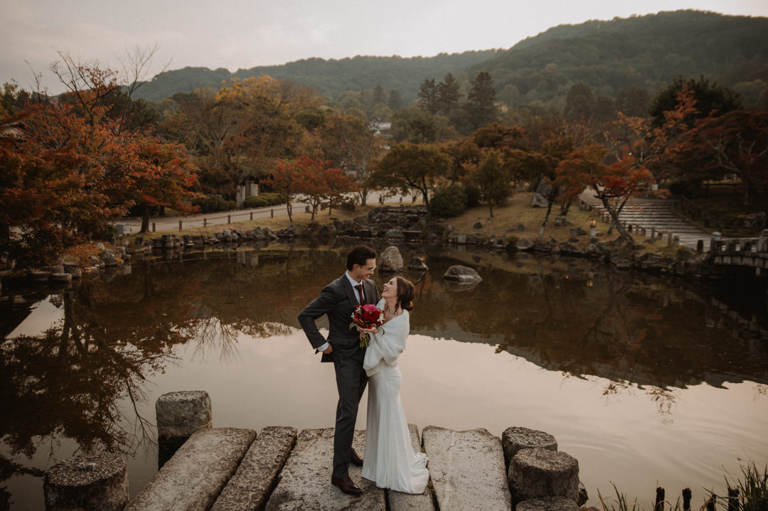 Private Elopement Kyoto - Couple at Japanese garden 
