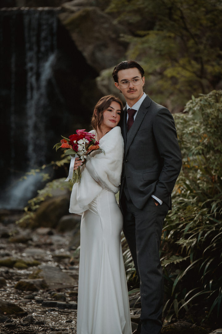 Private Elopement Kyoto in front of waterfall