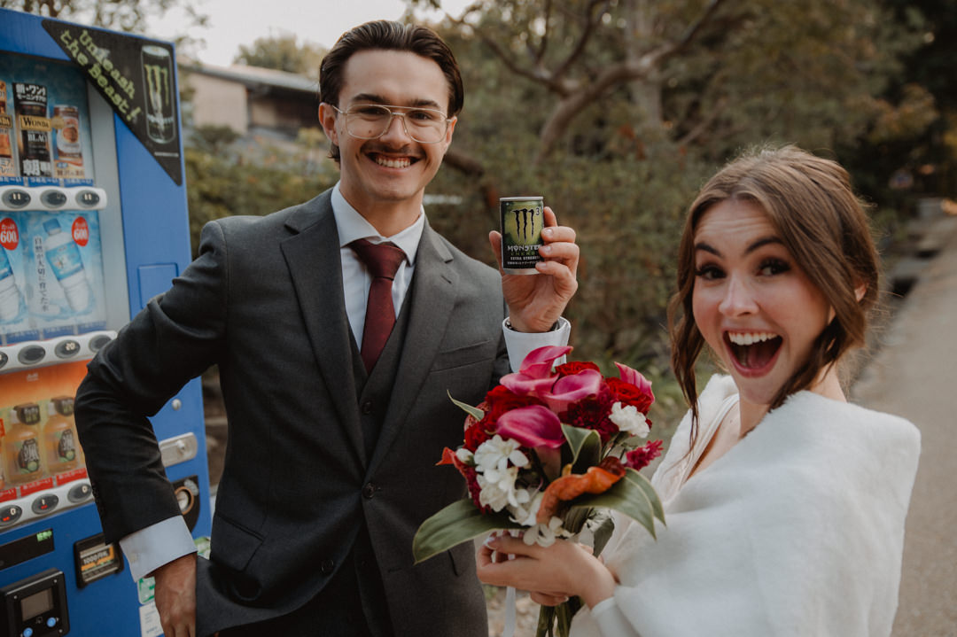 Private Elopement Kyoto - getting a drink from vending machine