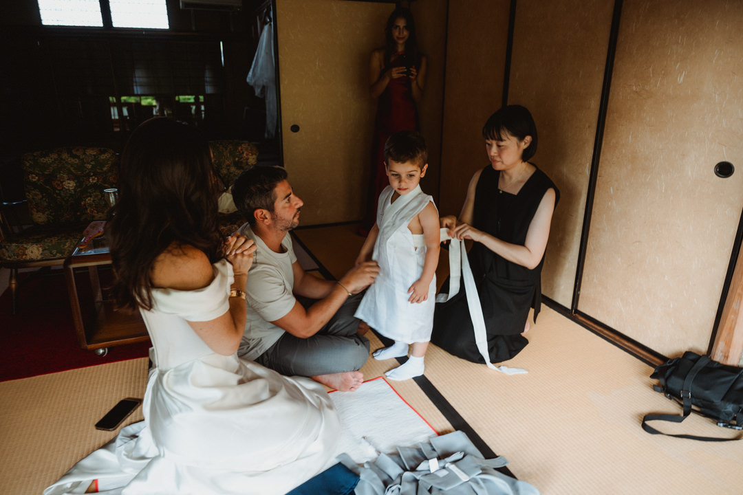 The couple`s son gets ready at the venue. Jewish Elopement in Japan