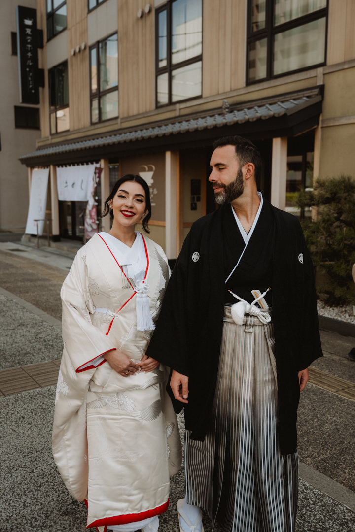 The couple heads to a Shinto shrine. Kyoto Kimono Elopement.