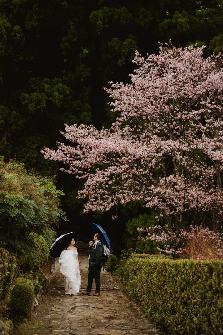 The couple walks on the path in Daimon Zaka, Nachi fall elopement