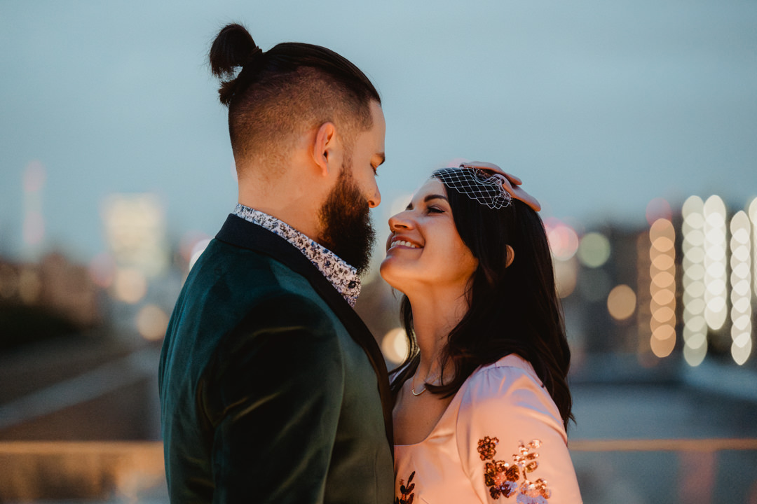 The couple with city night view, rooftop elopement in Japan