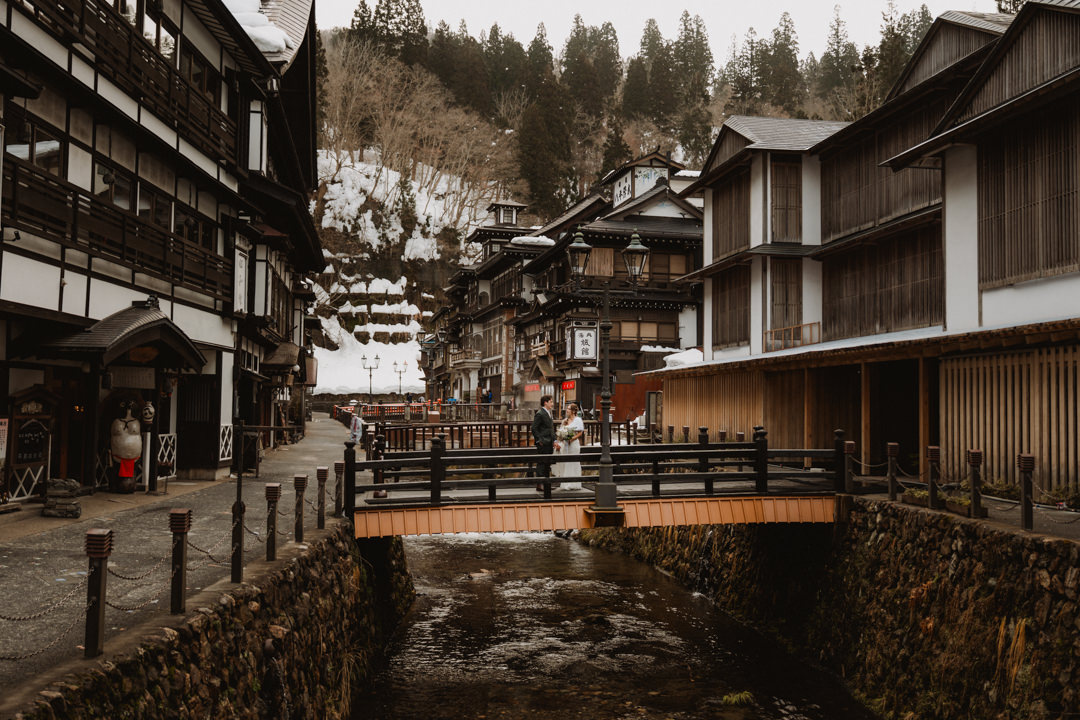 The couple visits Ginzan Onsen, Yamagata Elopement