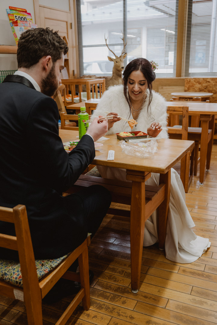 The couple have a lunch, a private garden elopement in Kyoto 