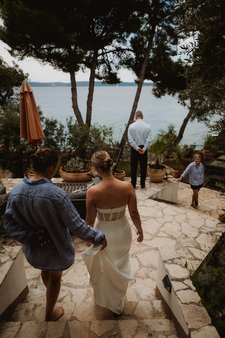 The first look moment with dad and groom, elopement in Croatia